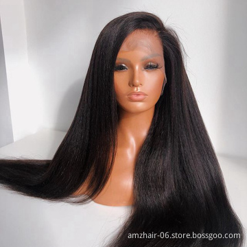 Cheap Kinky Yaki Straight Indian Virgin Human Hair Lace Frontal Wig Pre Pluck Swiss Lace Front Human Hair Wig For Black Women